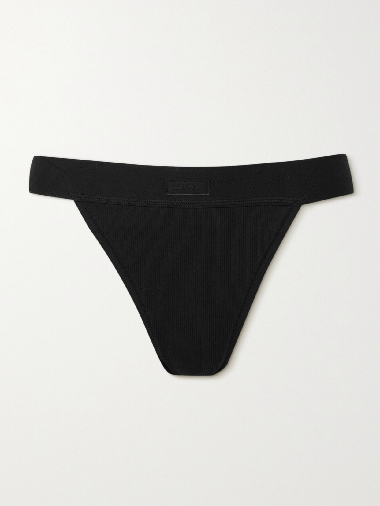 Skims Cotton Collection Ribbed Cotton-blend Jersey Thong In Black