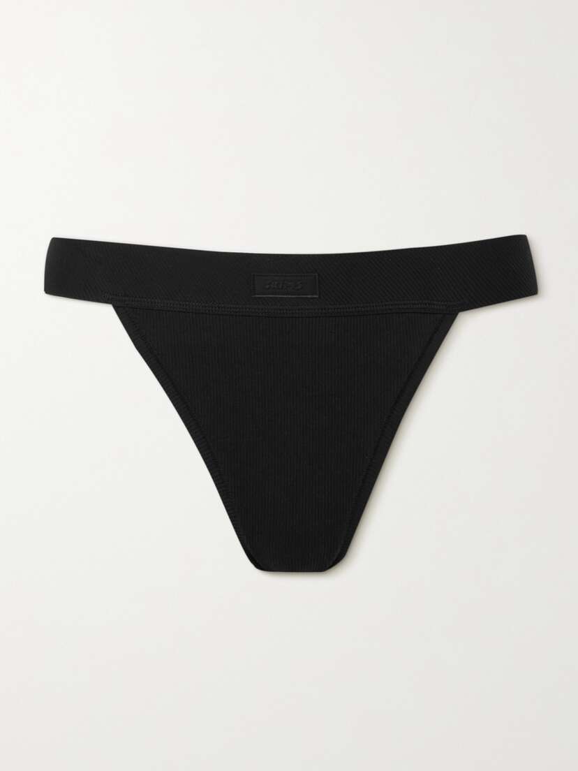 Skims Cotton Collection Ribbed Cotton-blend Jersey Thong - Soot