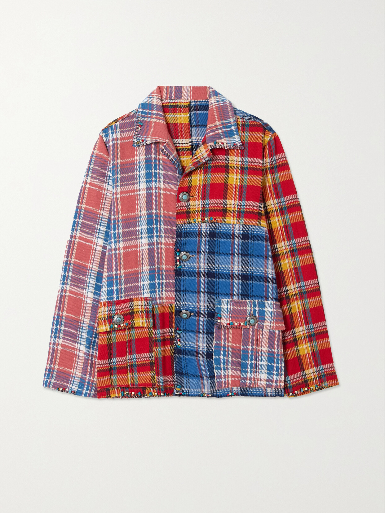 Shop Fortela Alicia Embellished Checked Cotton-flannel Shirt In Red