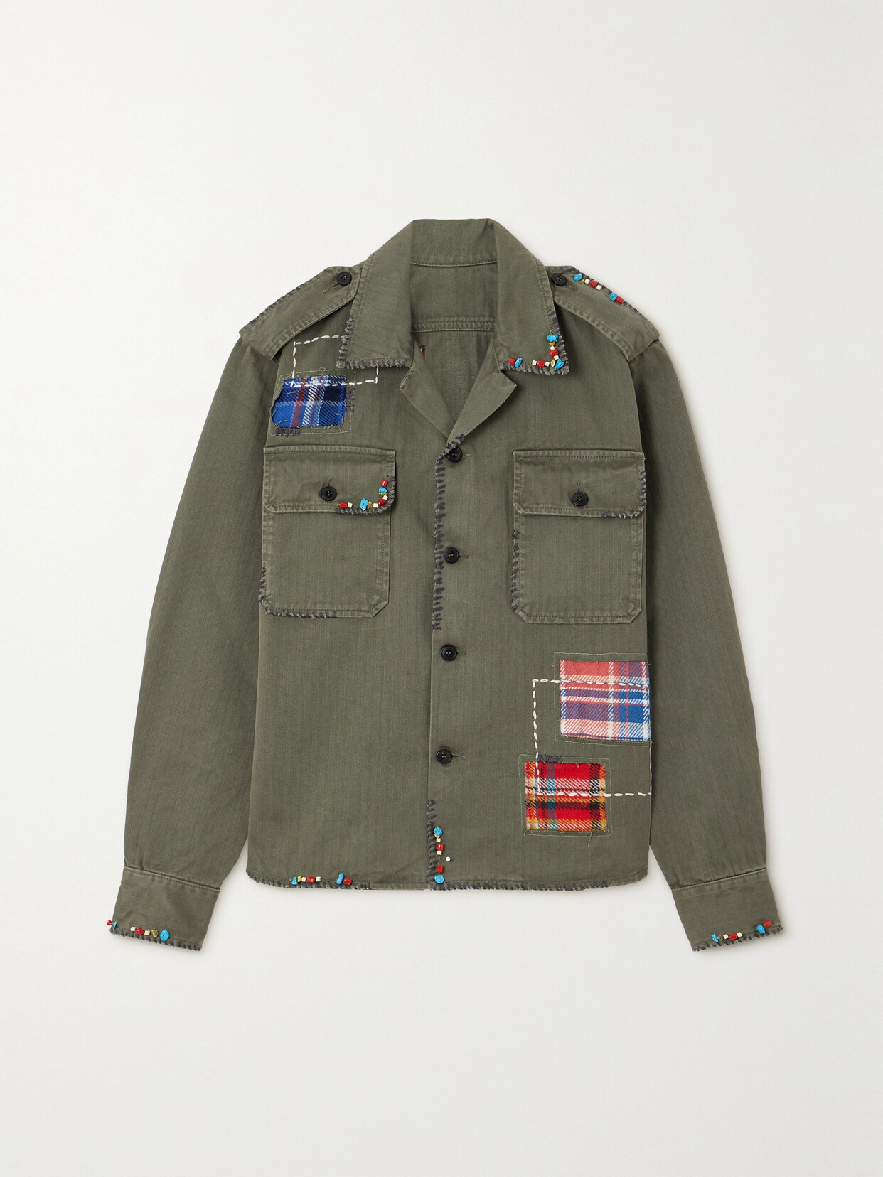 Fortela Patchwork Appliquéd Herringbone Cotton Shirt - Green