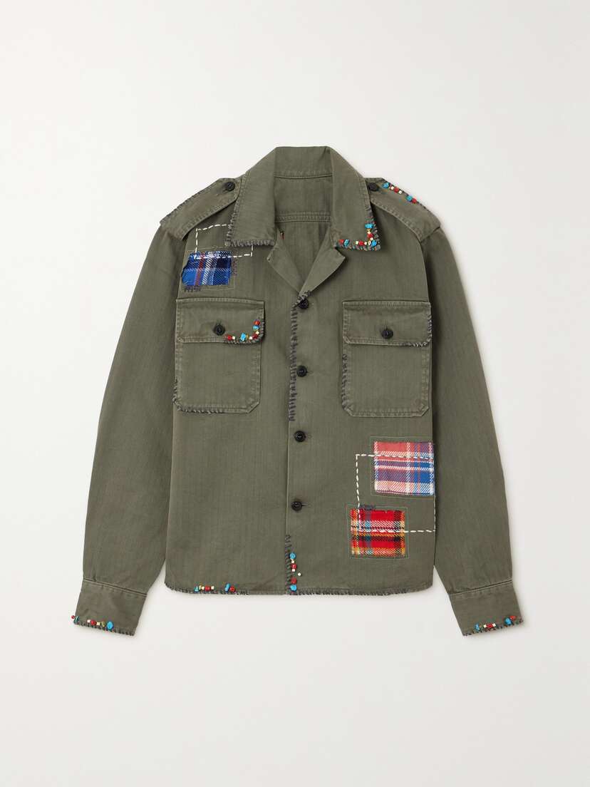 Fortela Patchwork Appliquéd Herringbone Cotton Shirt