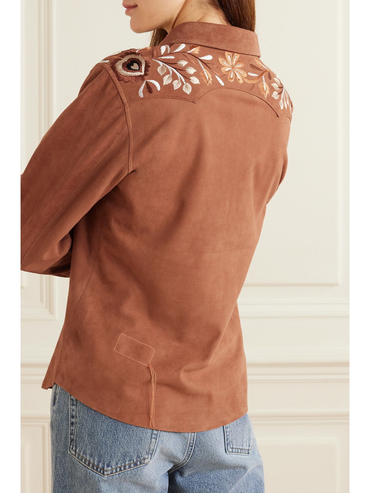 Shop Fortela Blondie Embroidered Leather-trimmed Suede Shirt In Brown