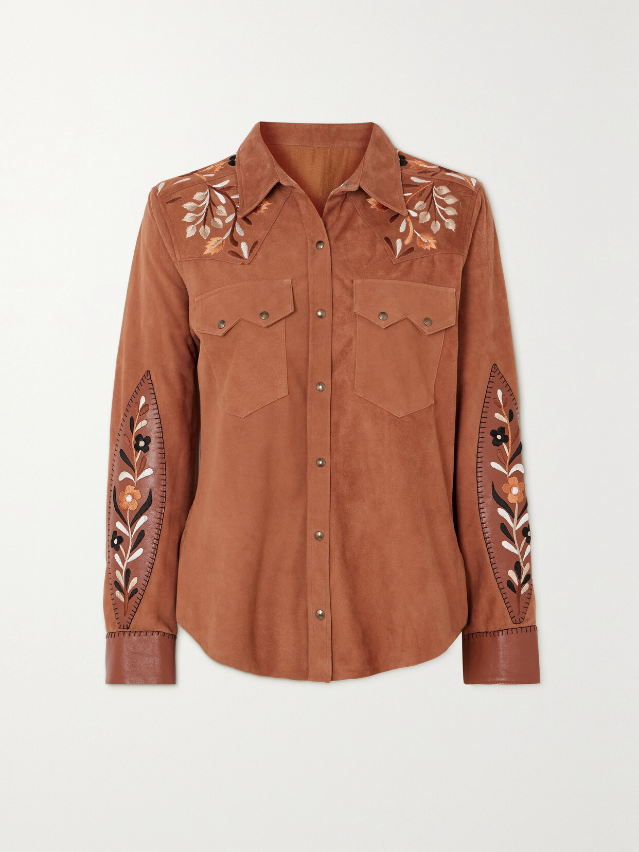 Fortela Blondie Embroidered Leather-trimmed Suede Shirt In Brown