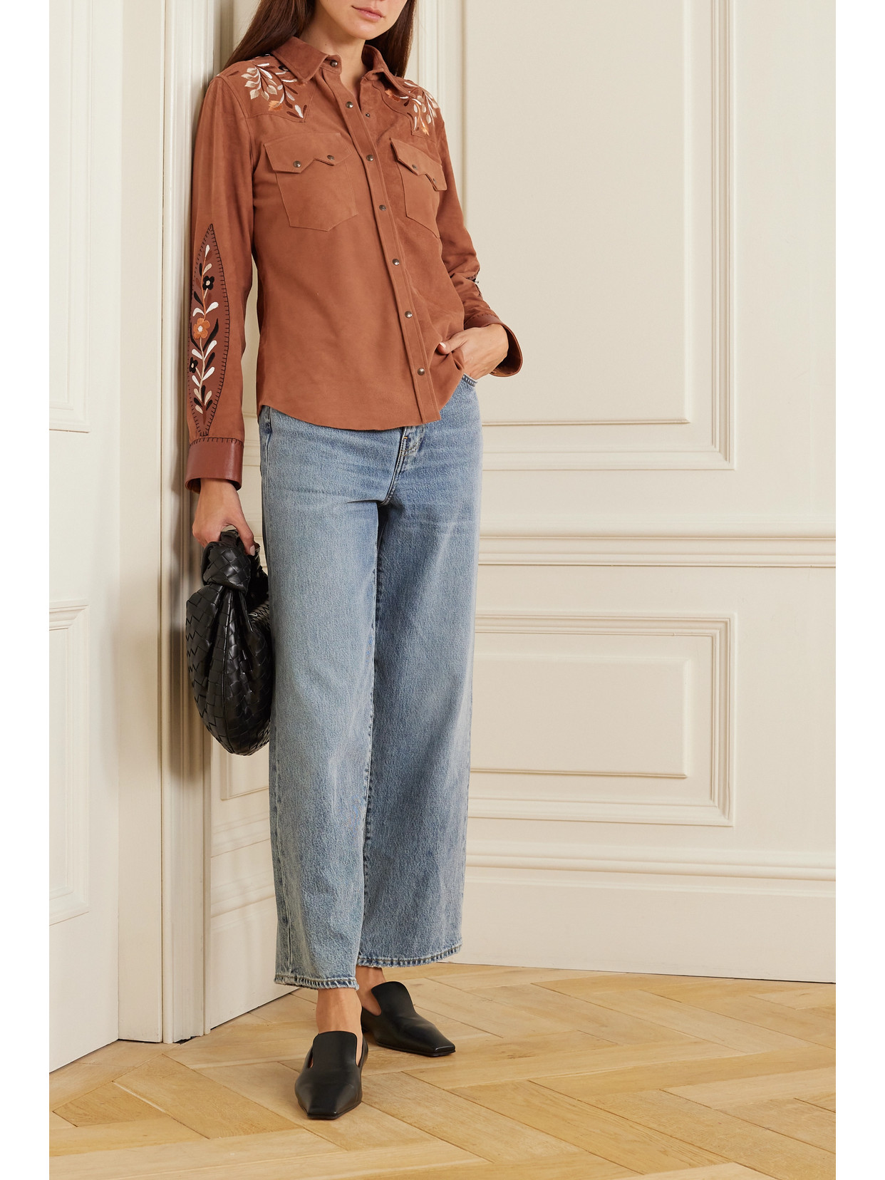 Shop Fortela Blondie Embroidered Leather-trimmed Suede Shirt In Brown