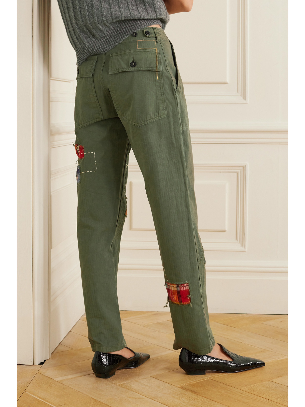 Shop Fortela Jacey Appliquéd Herringbone Cotton Straight-leg Cargo Pants In Green