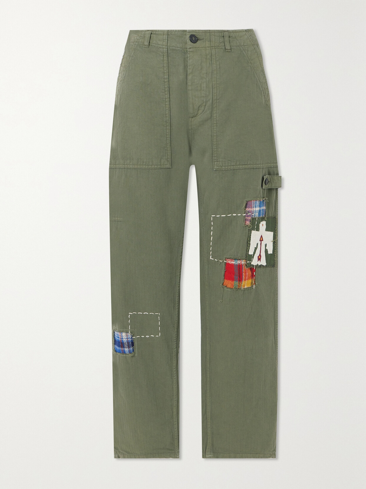 Fortela - Jacey Appliquéd Herringbone Cotton Straight-leg Cargo Pants - Green