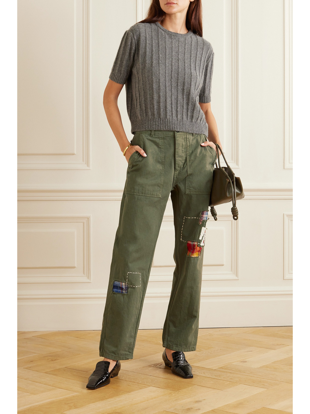 Shop Fortela Jacey Appliquéd Herringbone Cotton Straight-leg Cargo Pants In Green