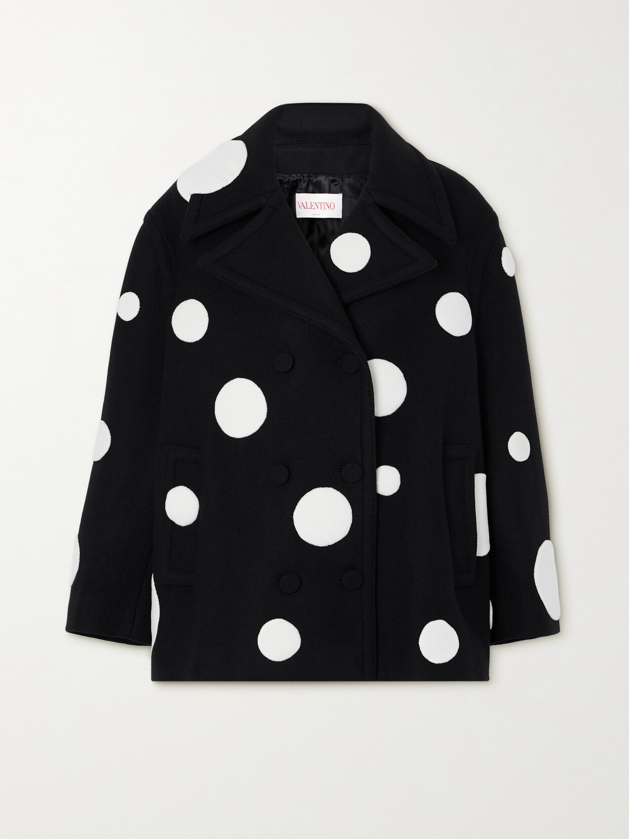 Valentino Garavani - Double-breasted Polka-dot Wool-blend Coat - Black