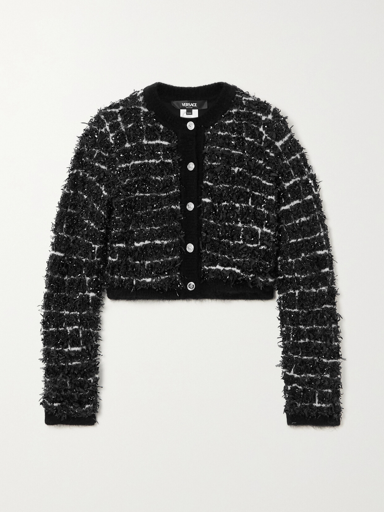 VERSACE BUTTON-EMBELLISHED METALLIC BOUCLÉ-KNIT CARDIGAN