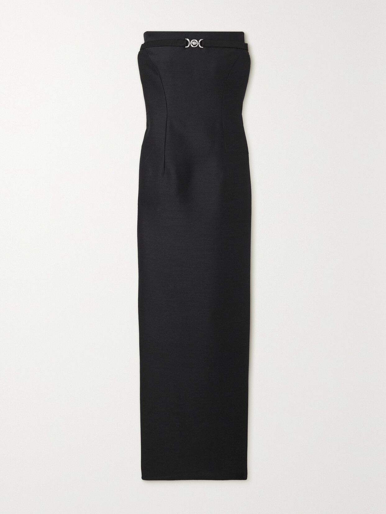 Shop Versace Strapless Embellished Wool And Silk-blend Midi Dress In Black