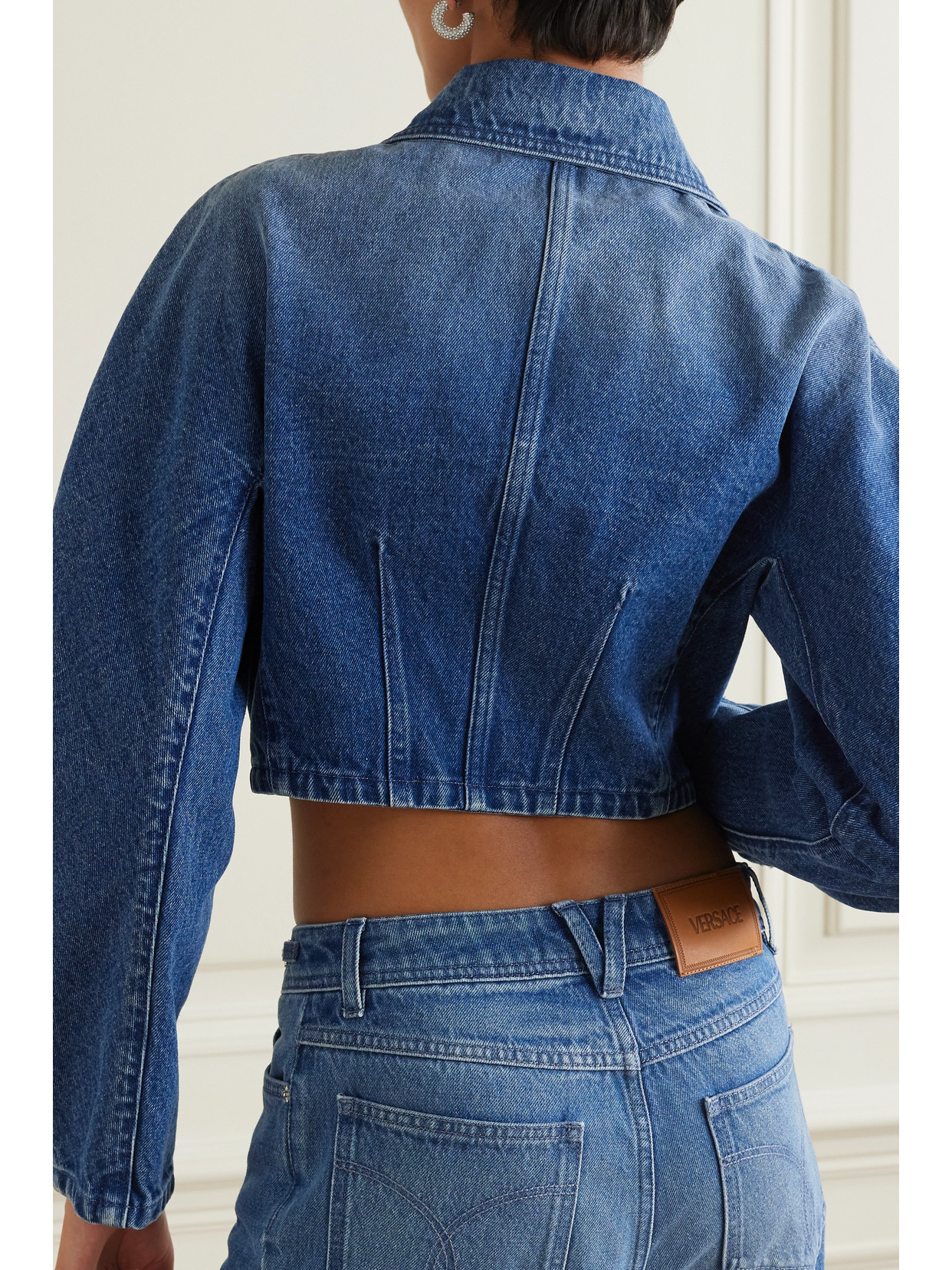 Shop Versace Cropped Denim Jacket In Blue