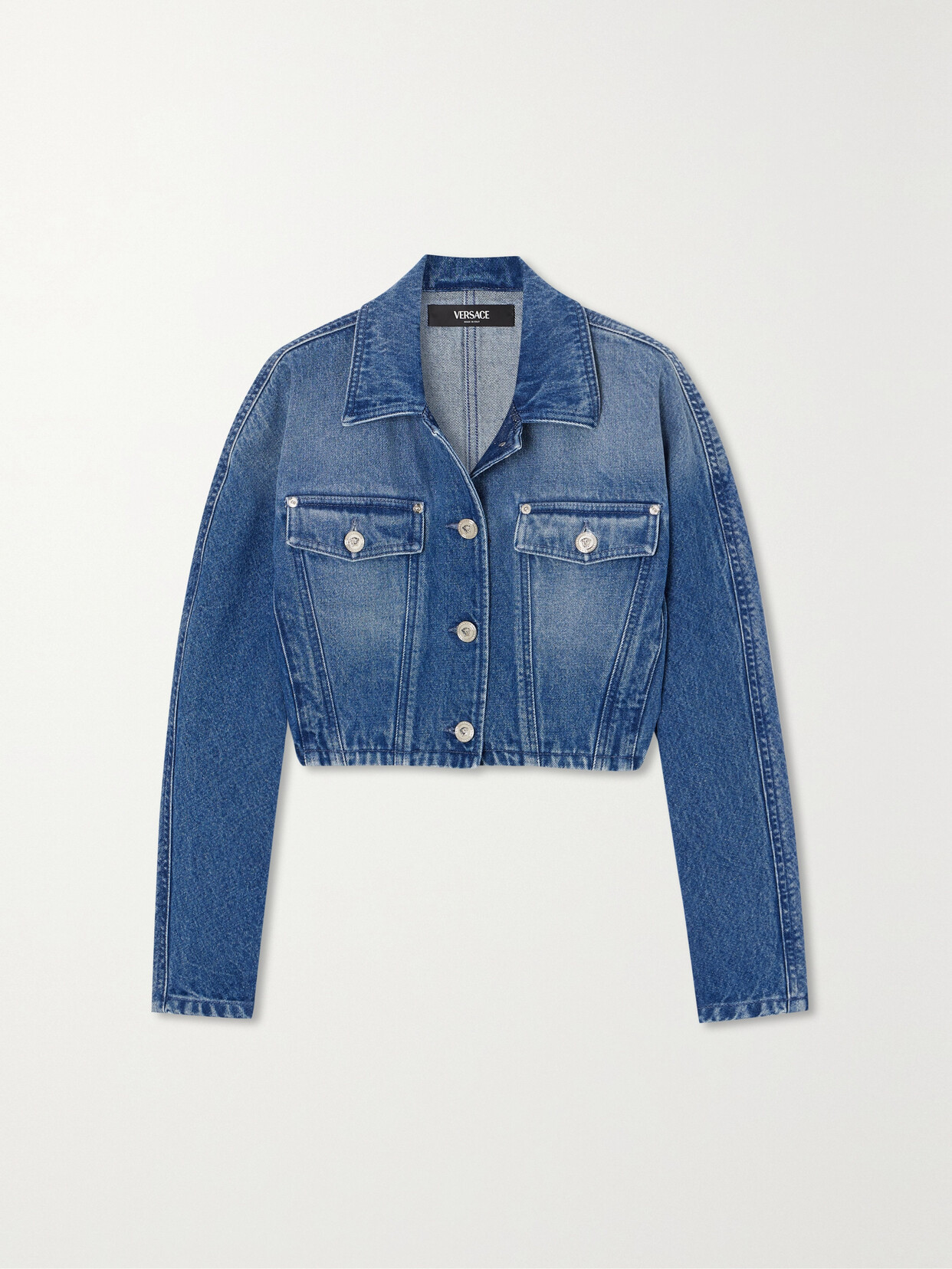 Shop Versace Cropped Denim Jacket In Blue