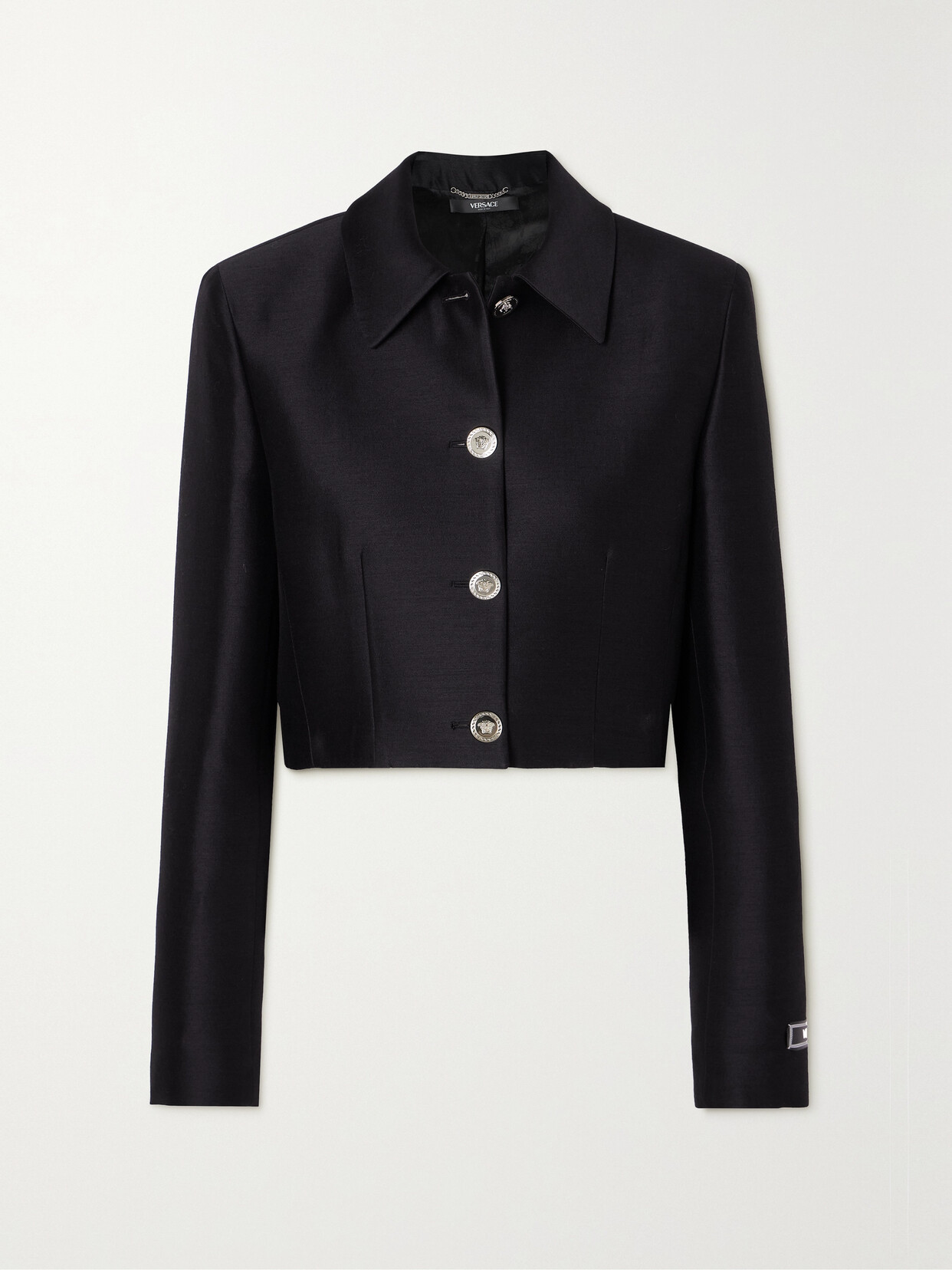 Shop Versace Cropped Wool And Silk-blend Jacket In Black