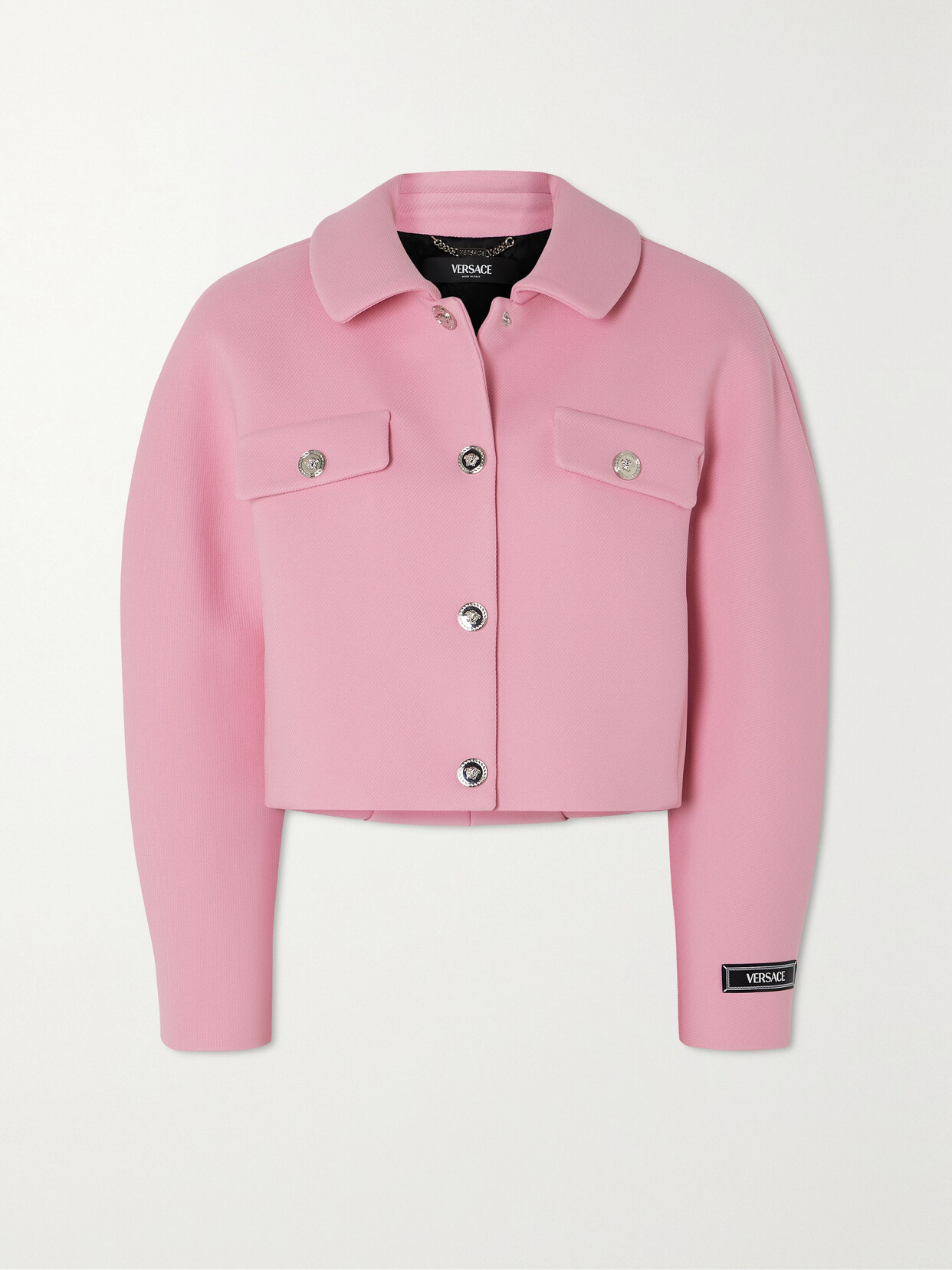 Shop Versace Cropped Button-embellished Twill Jacket In Pink