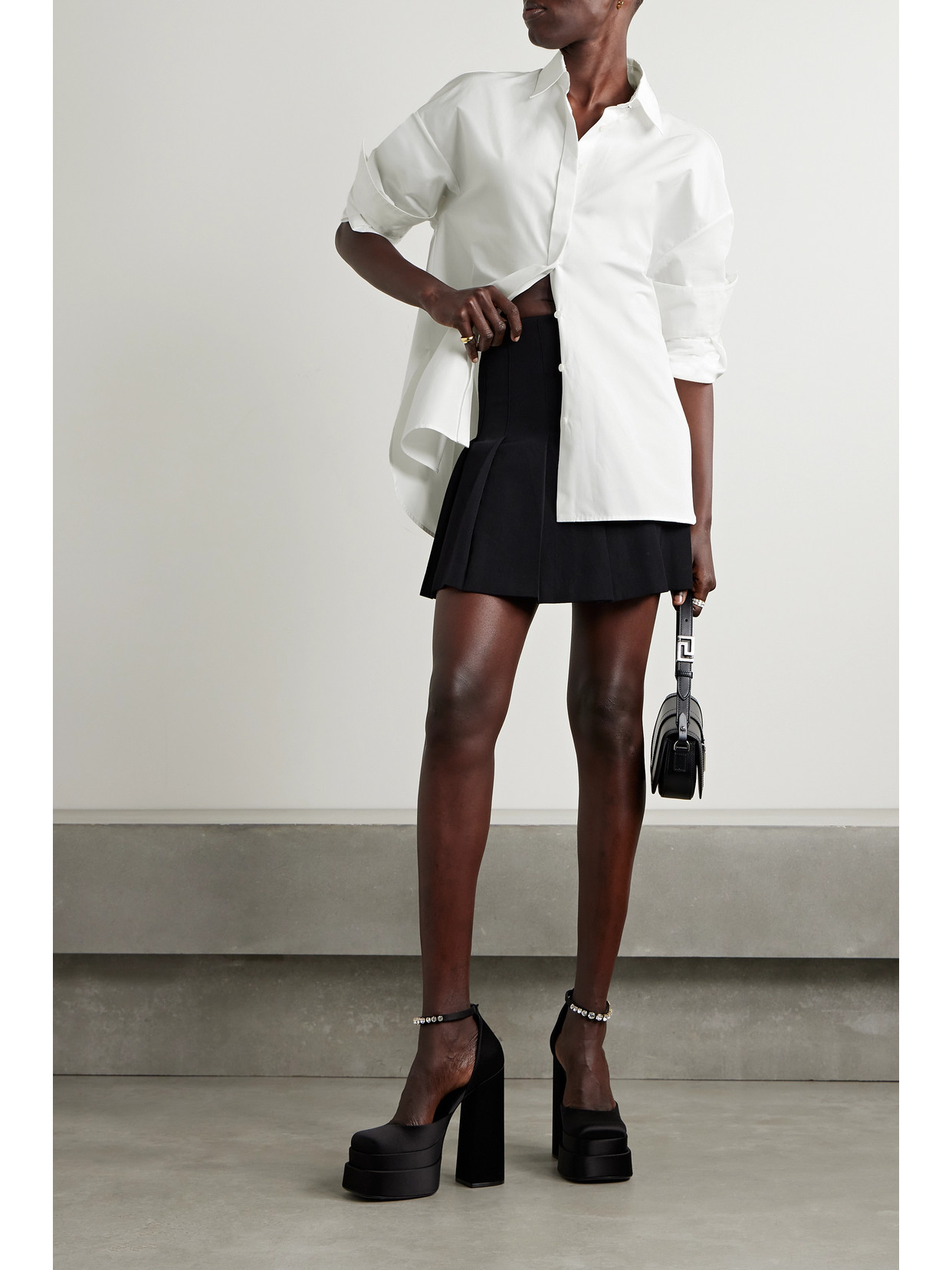 Shop Versace Pleated Cotton-poplin Shirt In White