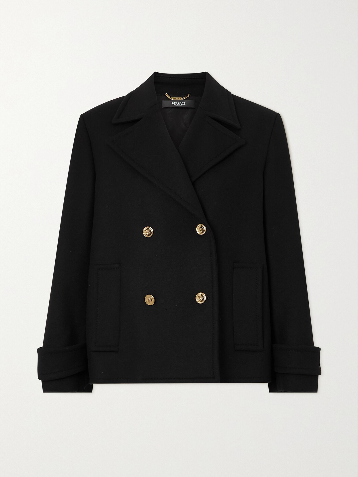 Shop Versace Icons Double-breasted Wool-blend Drill Coat In Black