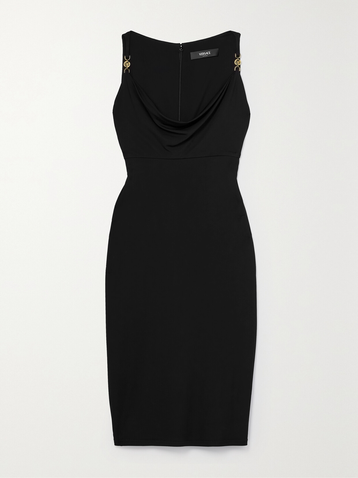 Shop Versace Icons Embellished Draped Jersey Dress In Black