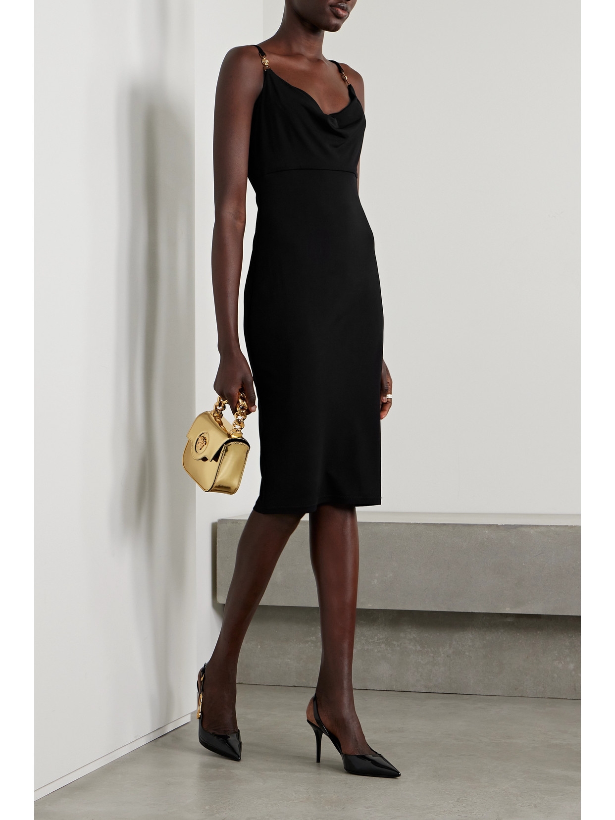 Shop Versace Icons Embellished Draped Jersey Dress In Black