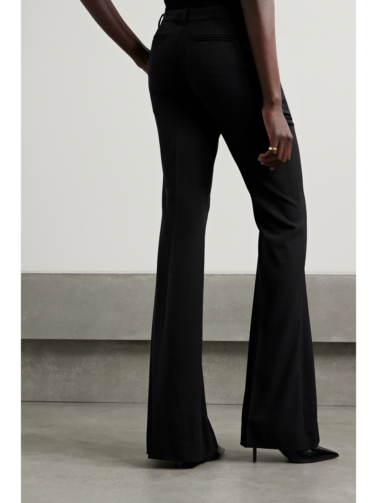 Shop Versace Icons Embellished Wool-blend Flared Pants In Black