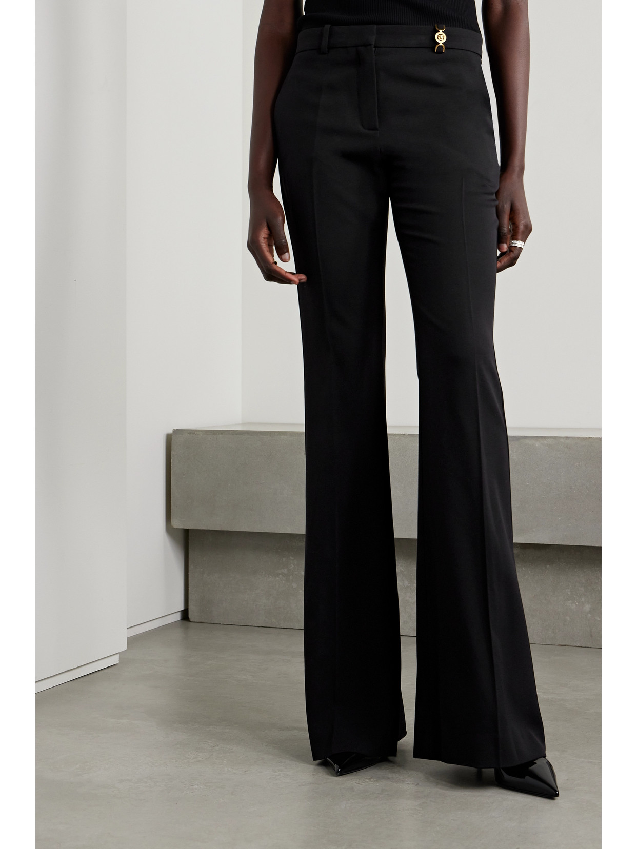 Shop Versace Icons Embellished Wool-blend Flared Pants In Black