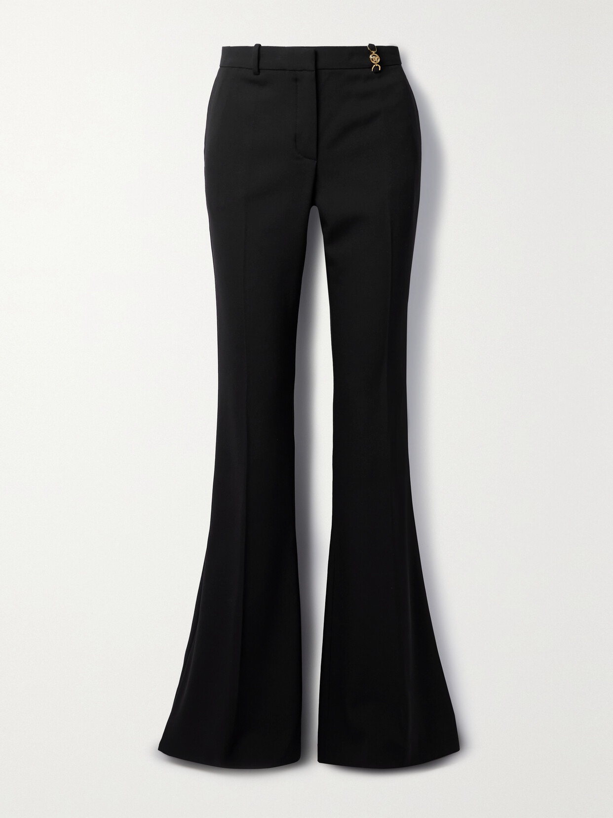 Shop Versace Icons Embellished Wool-blend Flared Pants In Black