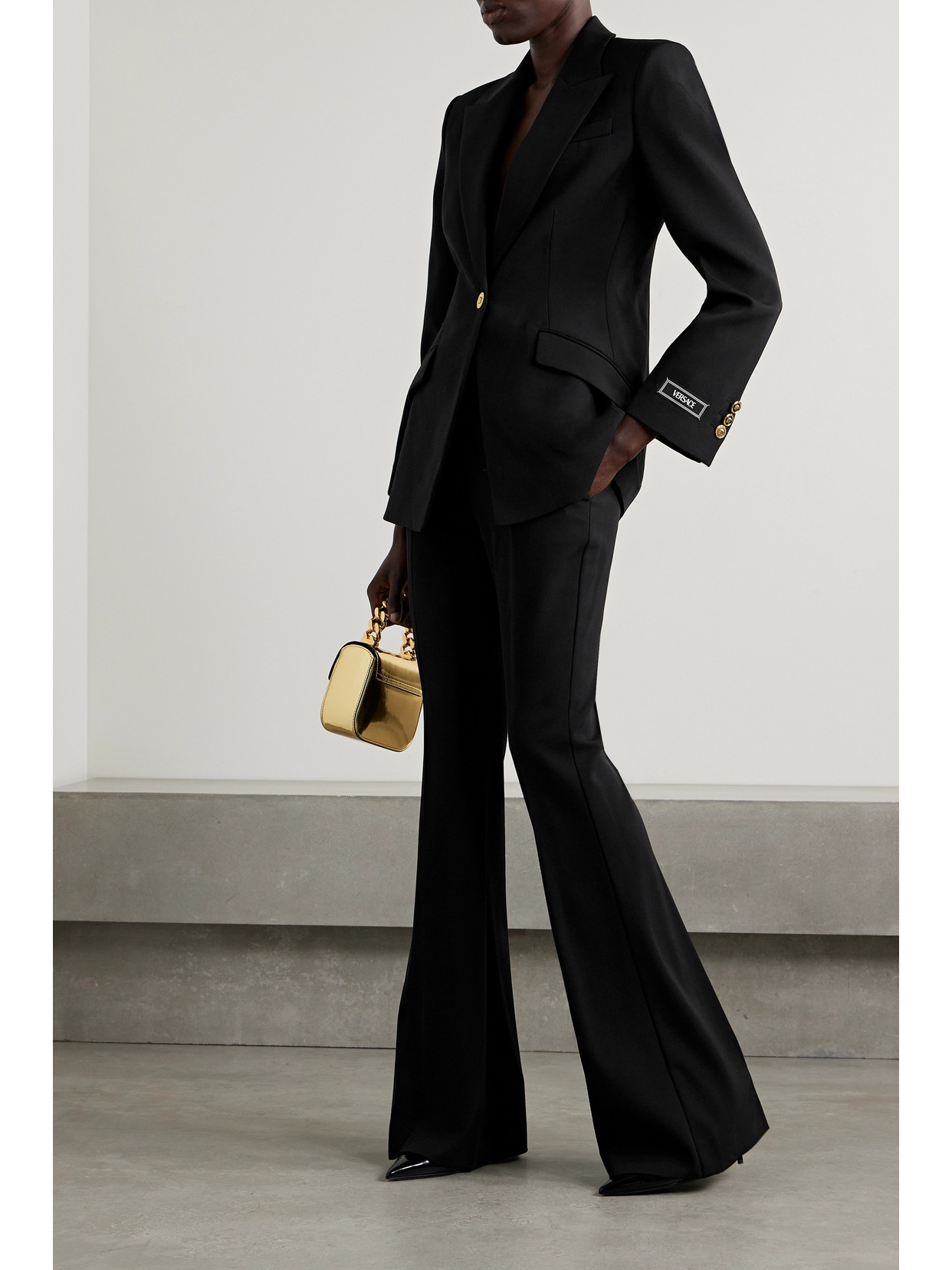 Versace Icons Embellished Wool-blend Flared Pants In Black