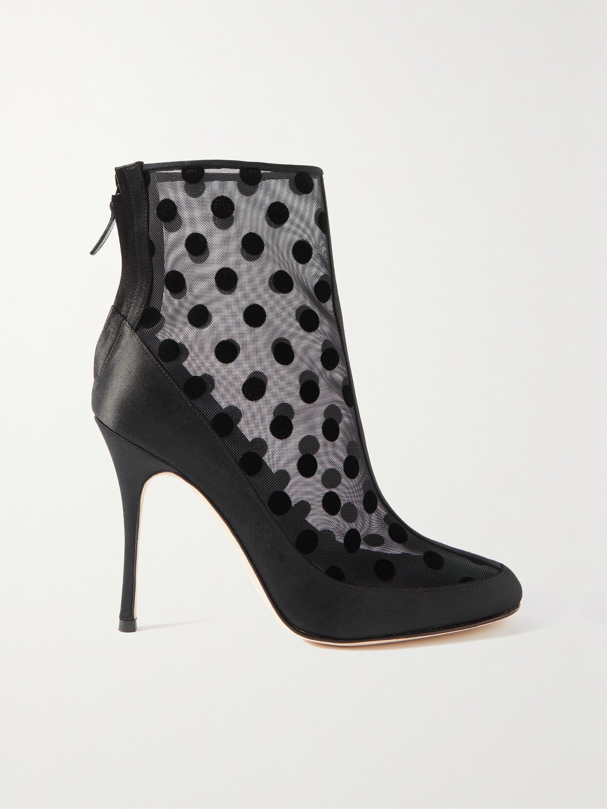 MANOLO BLAHNIK MUKINKA 105 SATIN-TRIMMED POLKA-DOT MESH ANKLE BOOTS