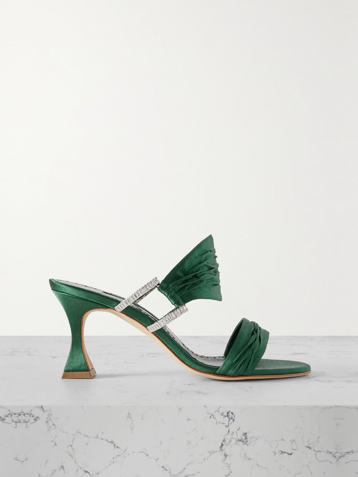 Manolo Blahnik Chinap 70 Crystal-embellished Gathered Satin Mules - Green