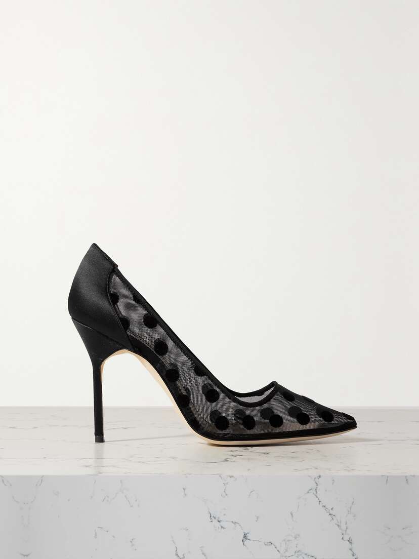 Manolo Blahnik Bbla 105 Satin-trimmed Polka-dot Flocked Mesh Pumps