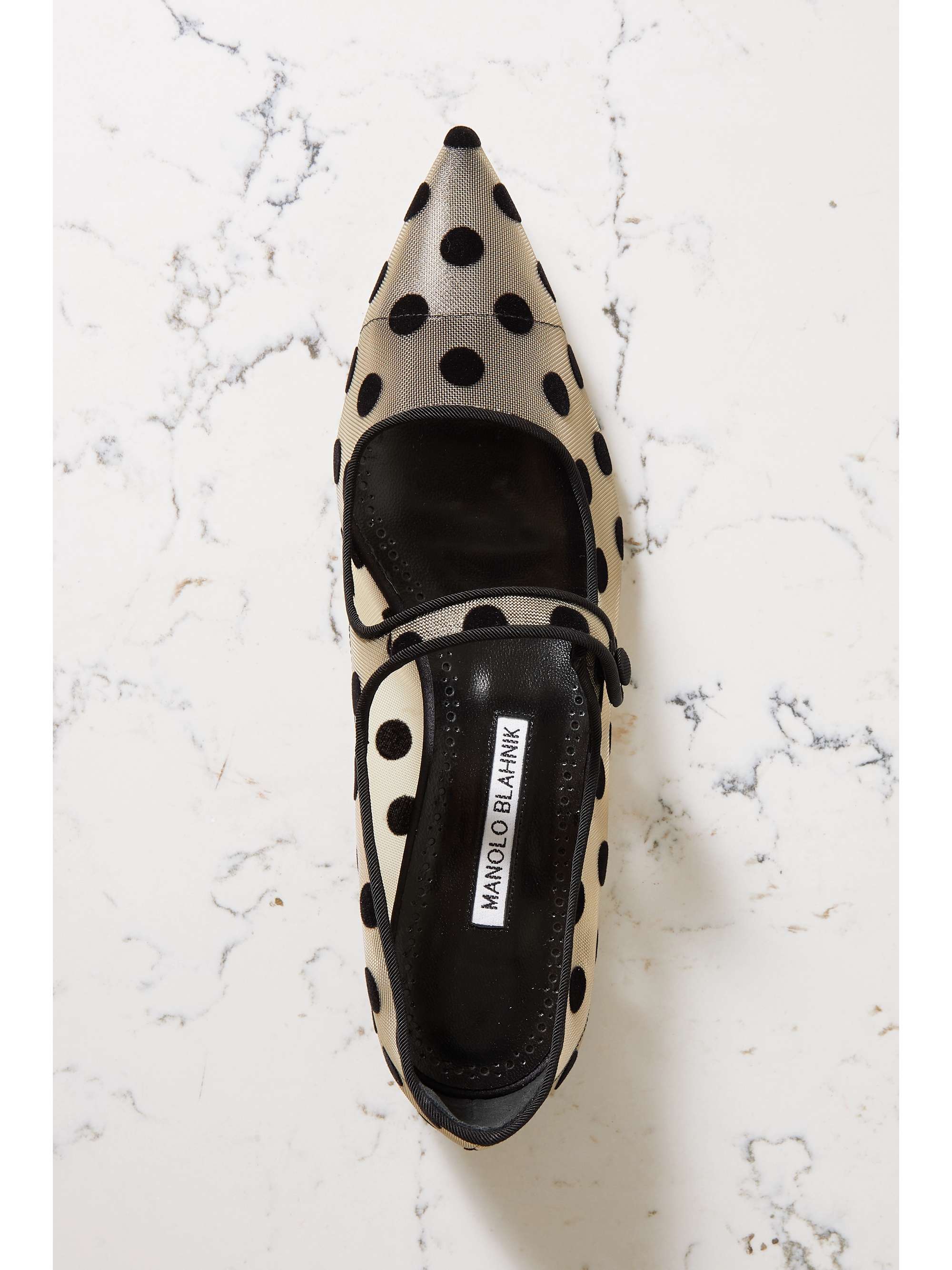 Manolo Blahnik Campari Polka-Dot Flocked Mesh Mary Jane Point-toe Flats - Women - Black Flat Shoes - IT42