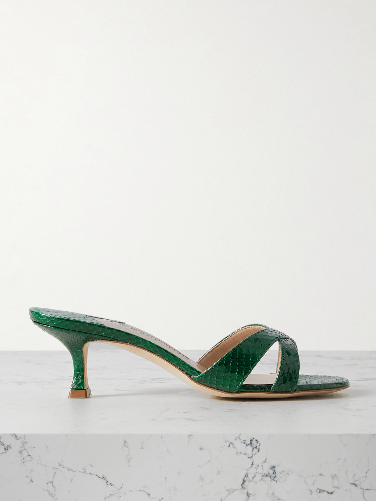 Manolo Blahnik Callamu 50 Elaphe Mules In Green