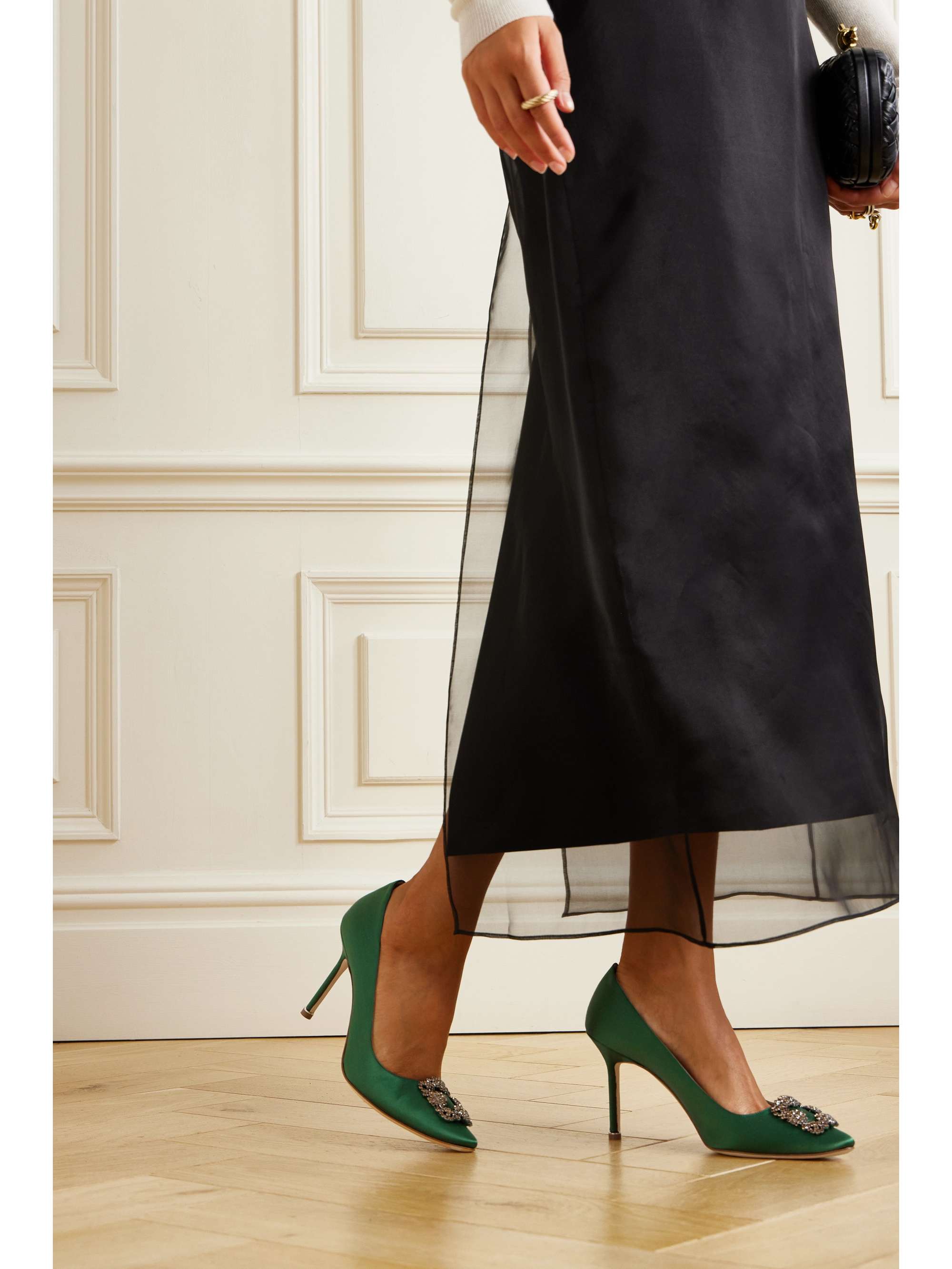 MANOLO BLAHNIK Hangisi 90 crystal-embellished satin pumps