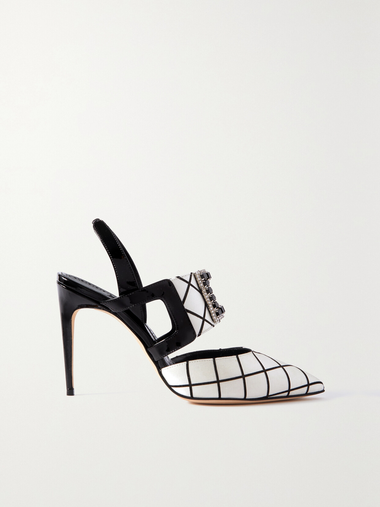 Manolo Blahnik Bimixpla 105 Buckled Checked Satin And Patent-leather Slingback Pumps In Black