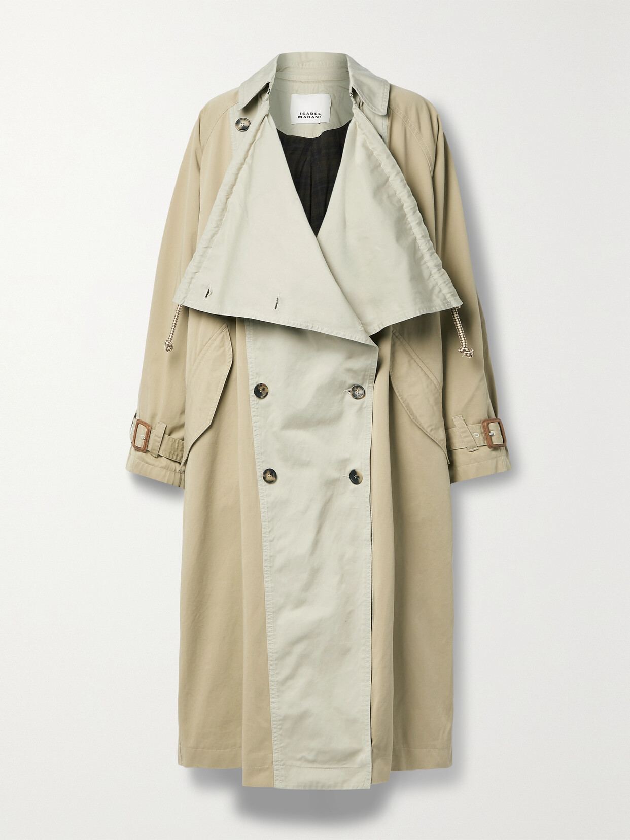 ISABEL MARANT EBANI TWO-TONE DOUBLE-BREASTED COTTON-GABARDINE TRENCH COAT