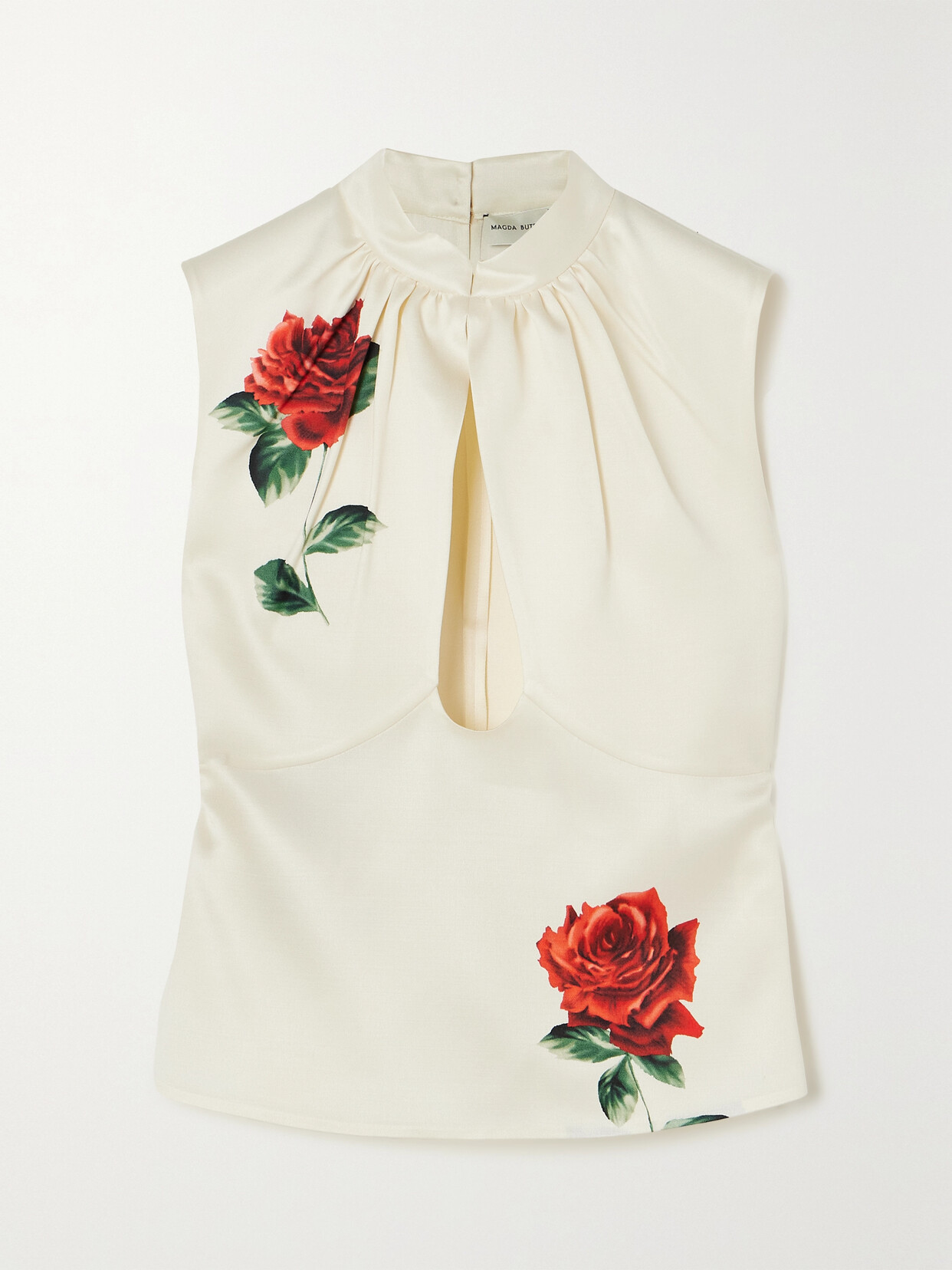 MAGDA BUTRYM GATHERED CUTOUT FLORAL-PRINT SILK AND WOOL-BLEND TOP