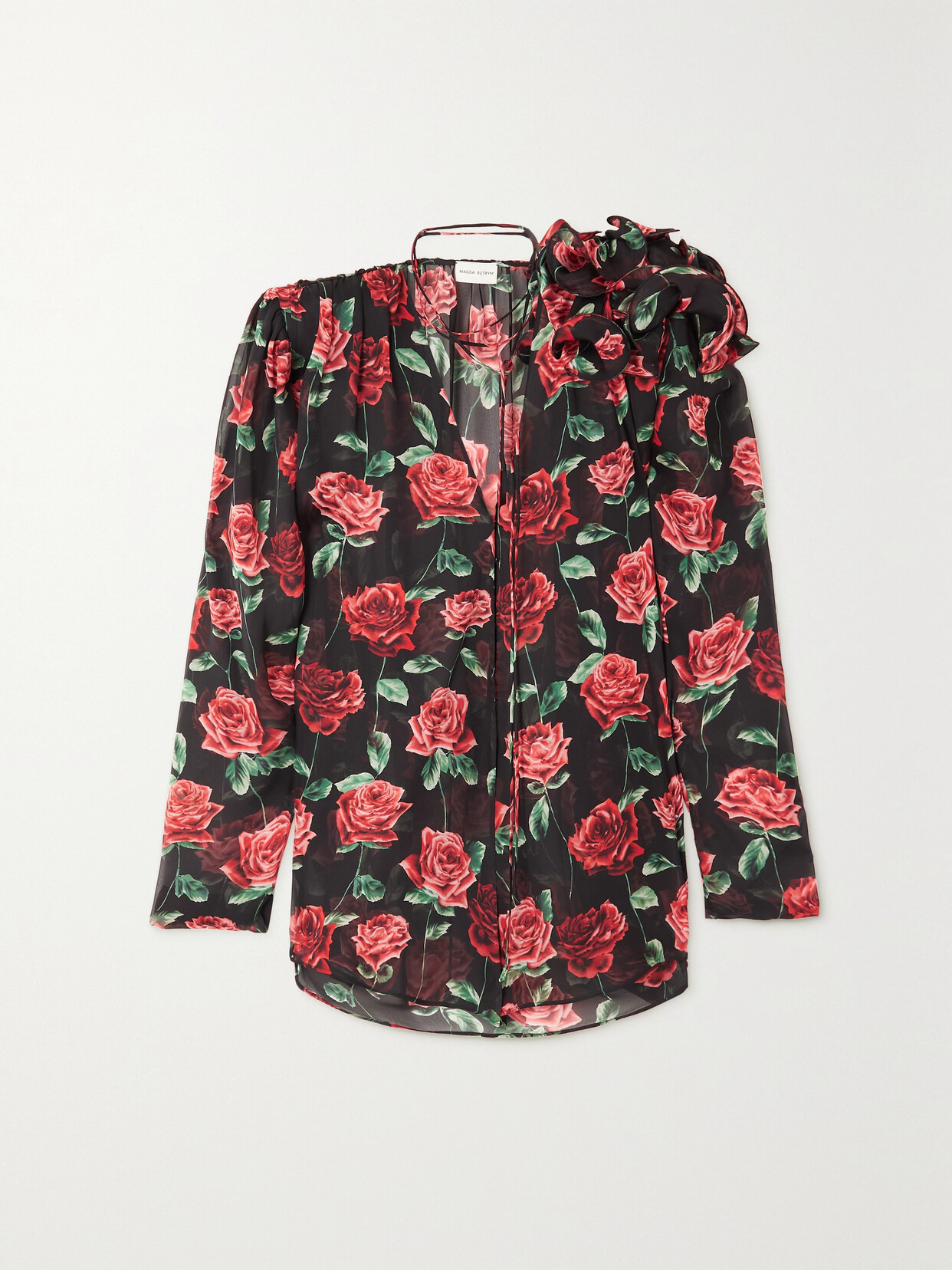 Magda Butrym - Appliquéd Floral-print Silk-chiffon Blouse - Black