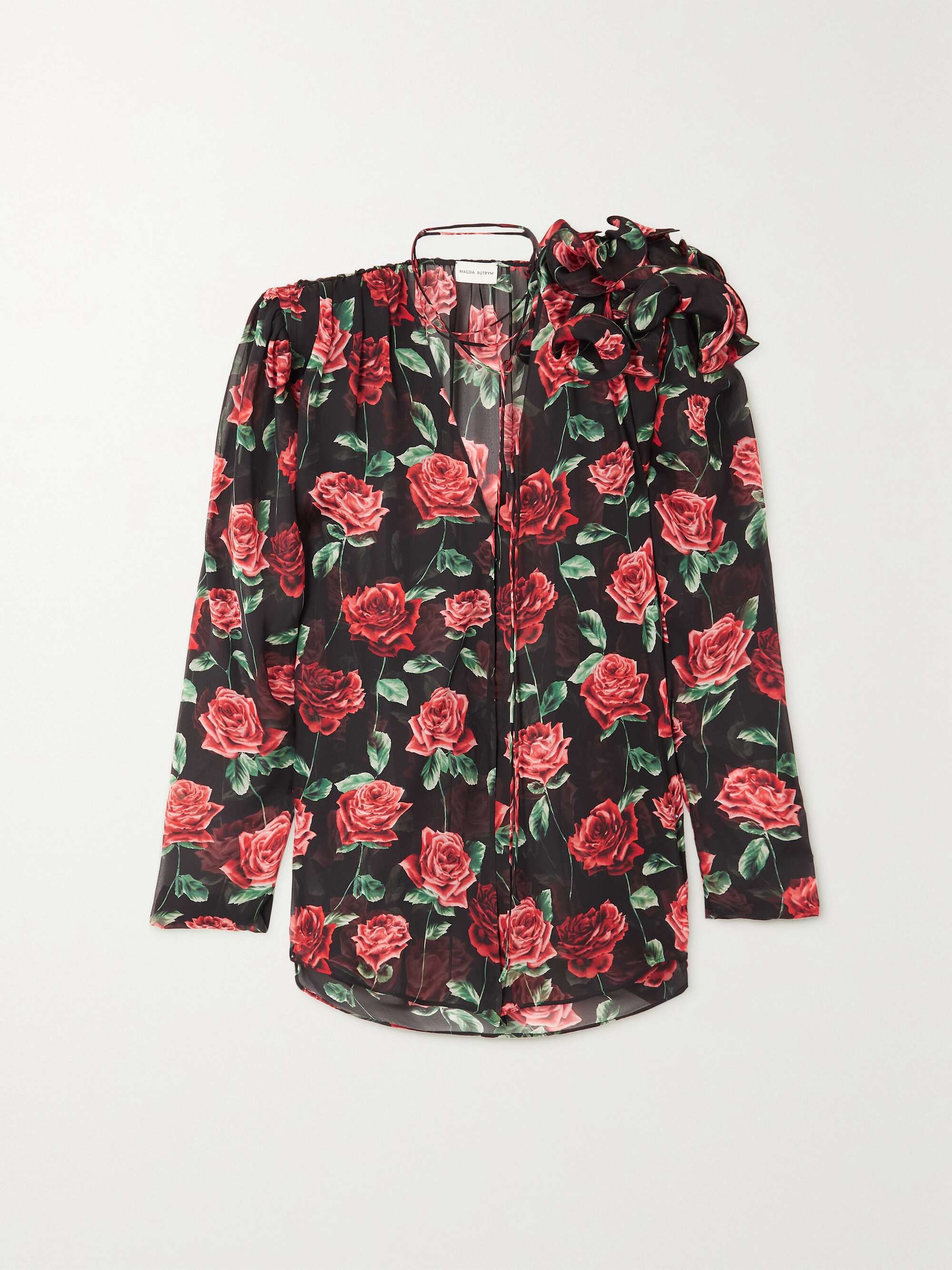 Appliquéd floral-print silk-chiffon blouse