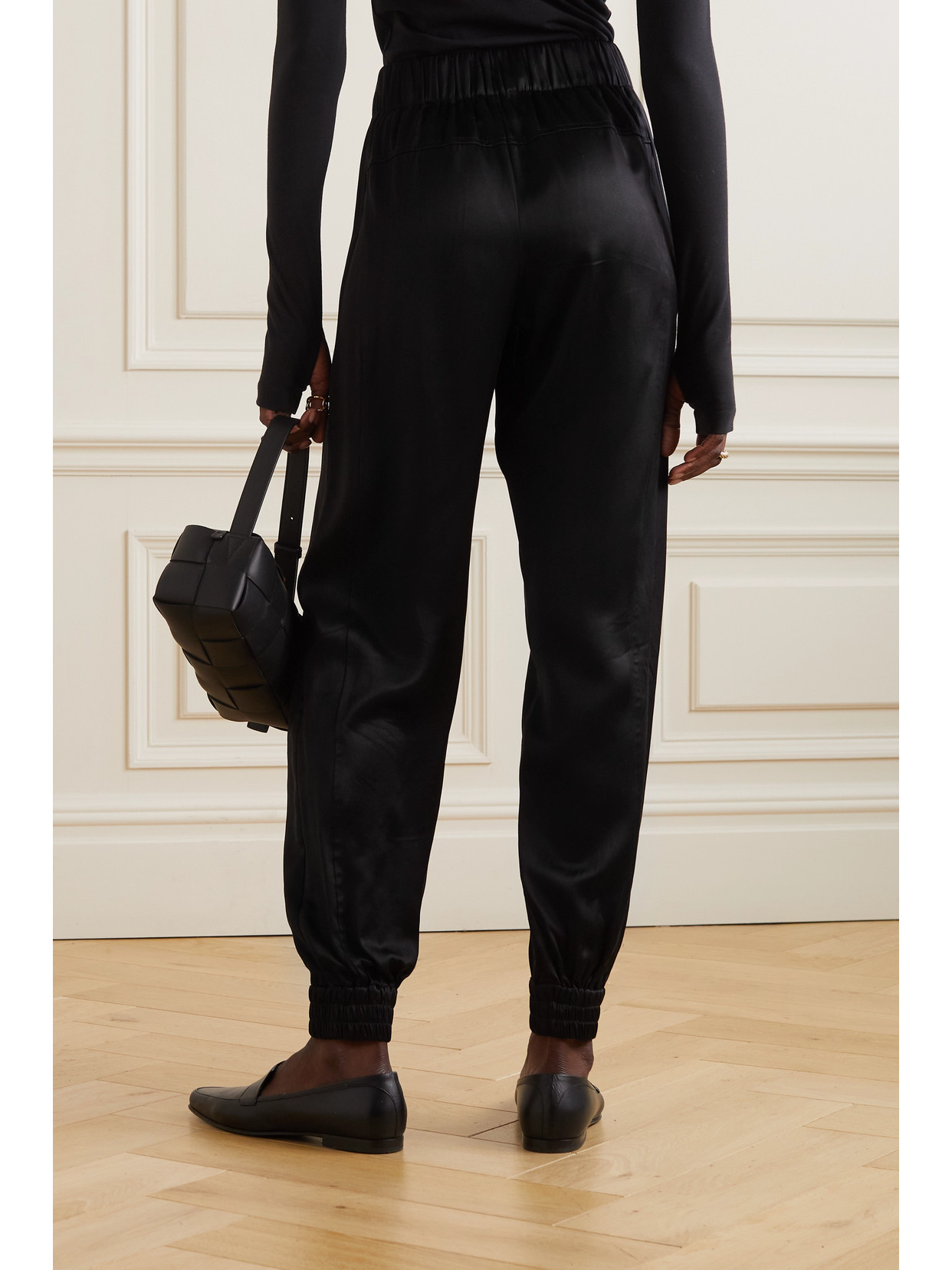 Sasuphi + Net Sustain Valentina Duchesse Silk Tapered Track Pants In Black