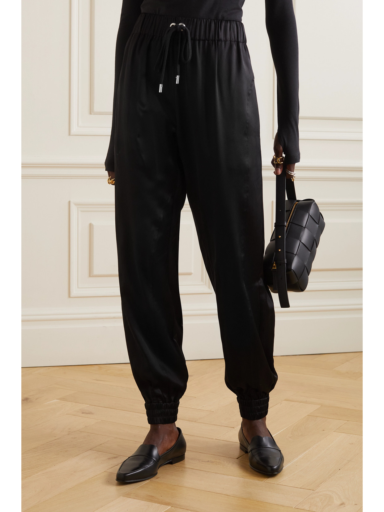 Sasuphi + Net Sustain Valentina Duchesse Silk Tapered Track Pants In Black