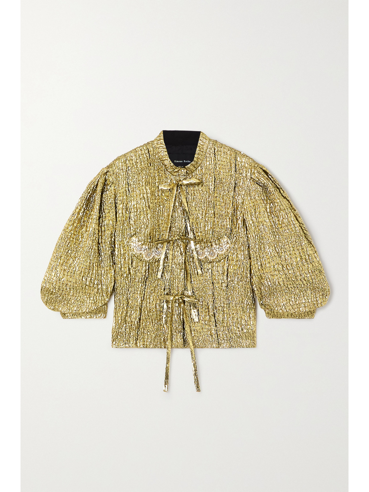 SIMONE ROCHA EMBELLISHED LACE-TRIMMED METALLIC CLOQUÉ JACKET