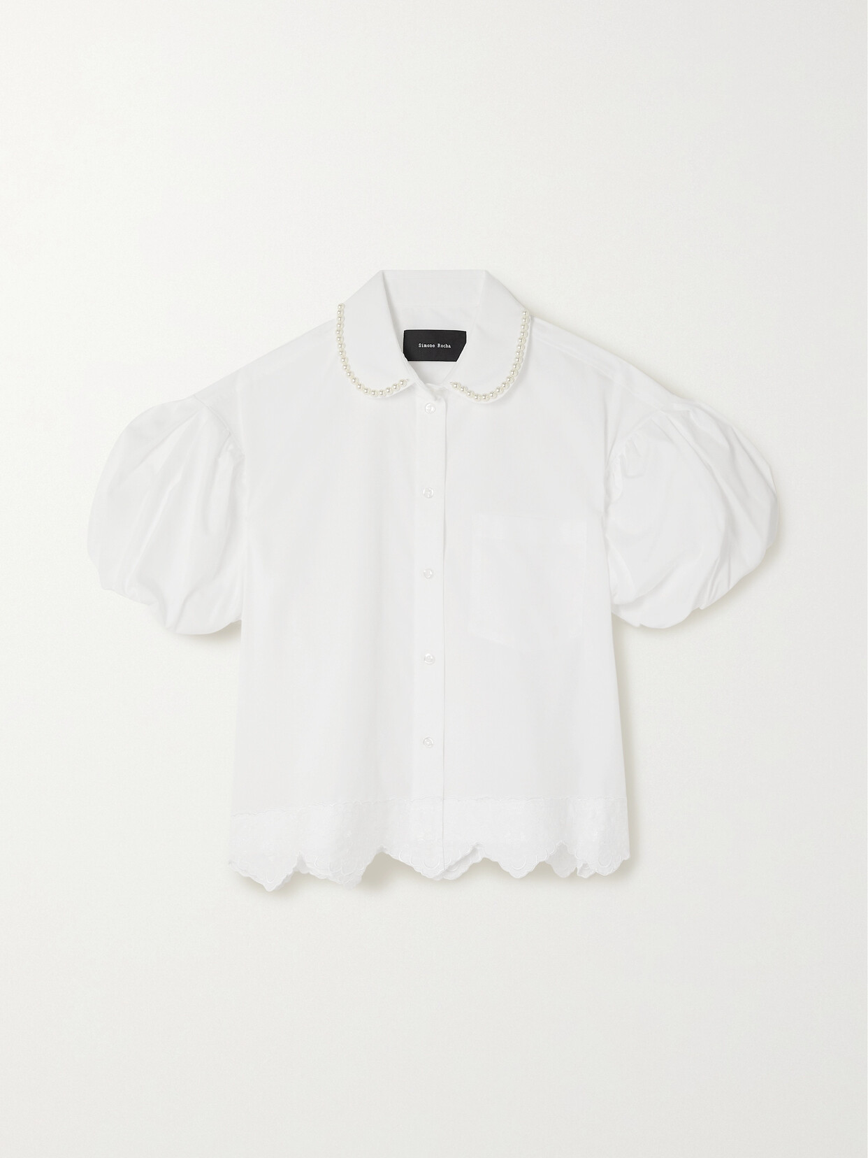 Shop Simone Rocha Cropped Faux Pearl-embellished Embroidered Cotton-poplin Shirt In White