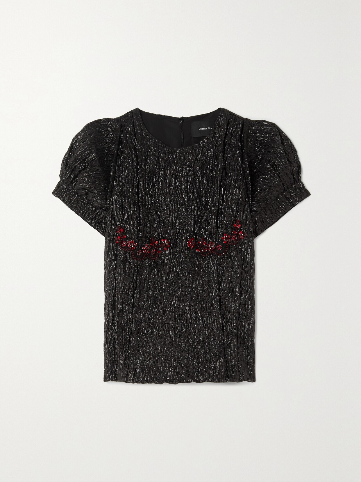 SIMONE ROCHA CRYSTAL-EMBELLISHED METALLIC CLOQUÉ TOP