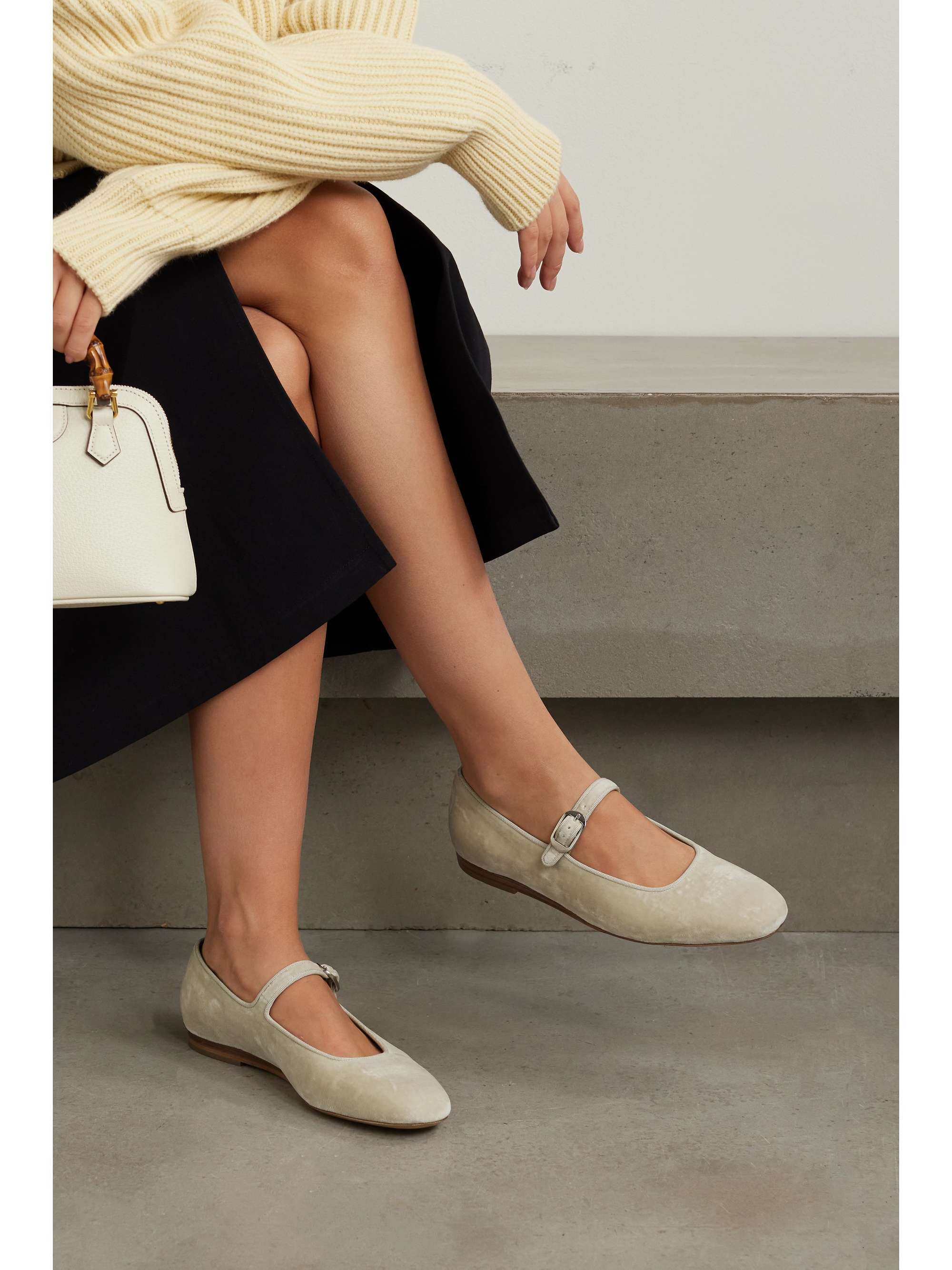 Grosgrain trimmed velvet Mary Jane ballet flats white IT35.5