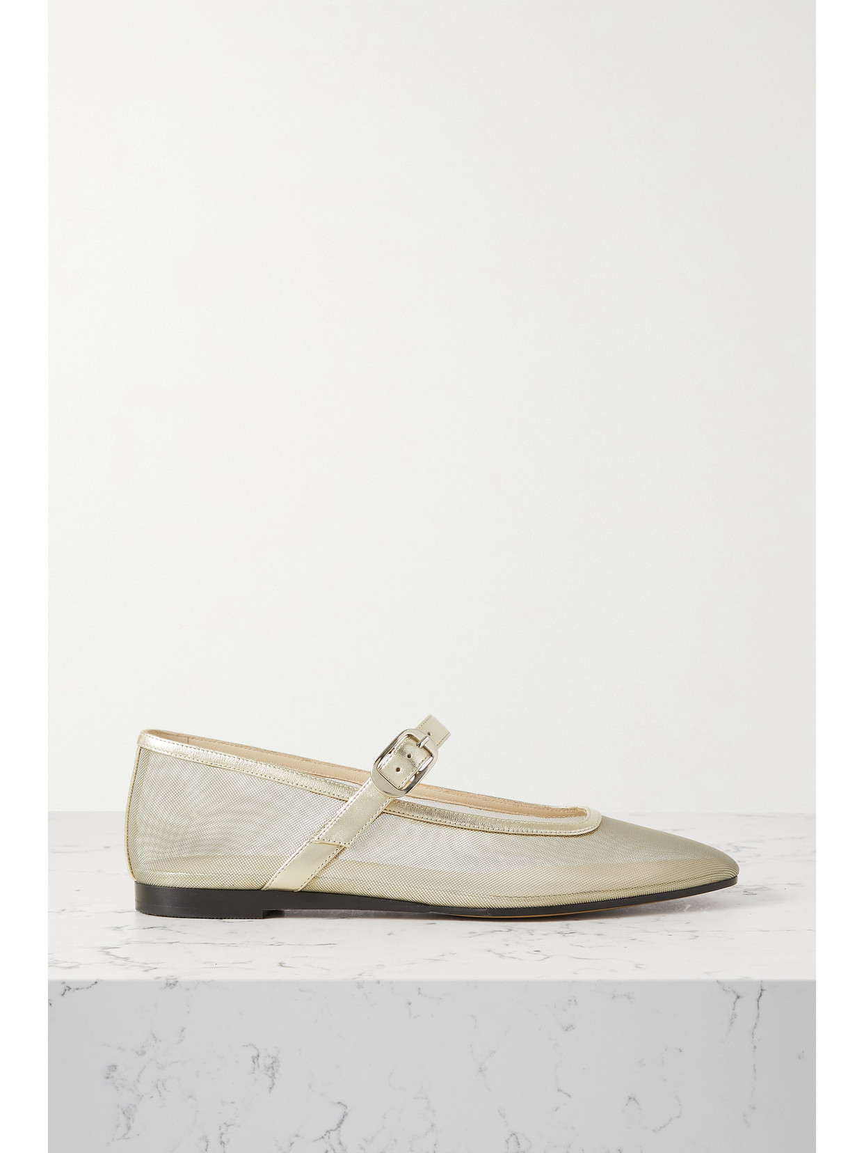 Le Monde Beryl - Metallic Leather-trimmed Mesh Mary Jane Ballet Flats - Gold