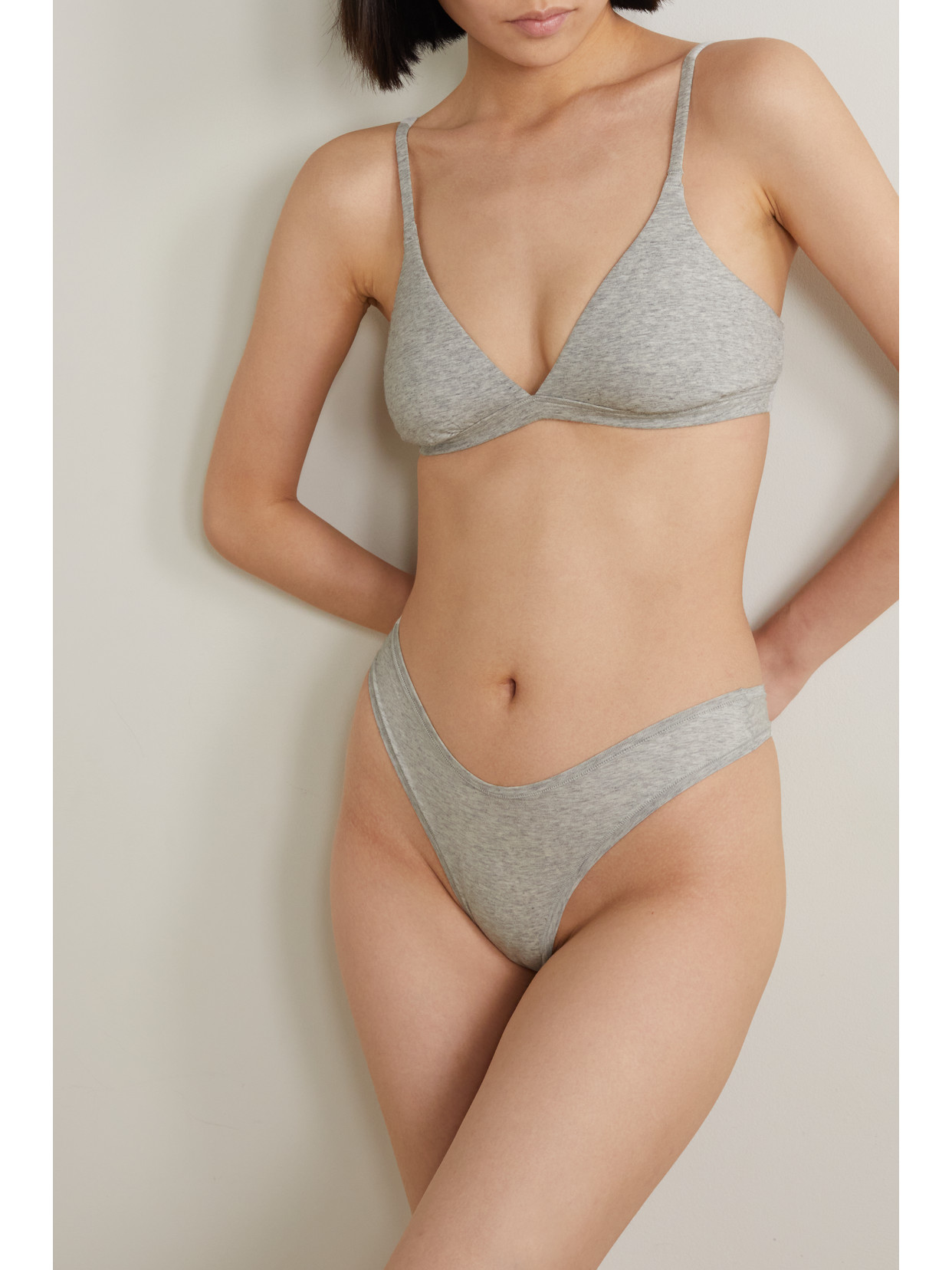 Skims Cotton Collection Cotton-blend Jersey Thong In Gray