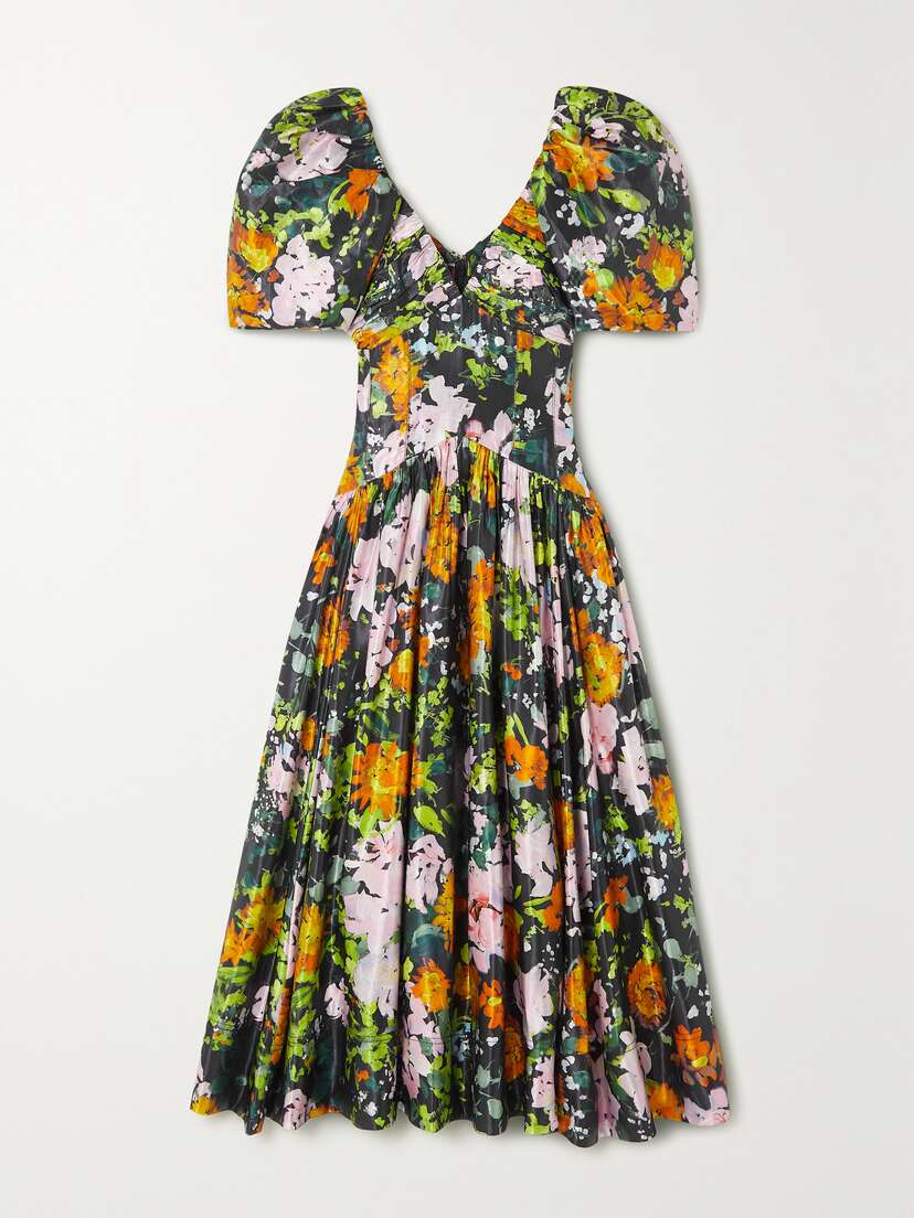 Aje Gabrielle Pleated Floral-print Linen-blend Midi Dress