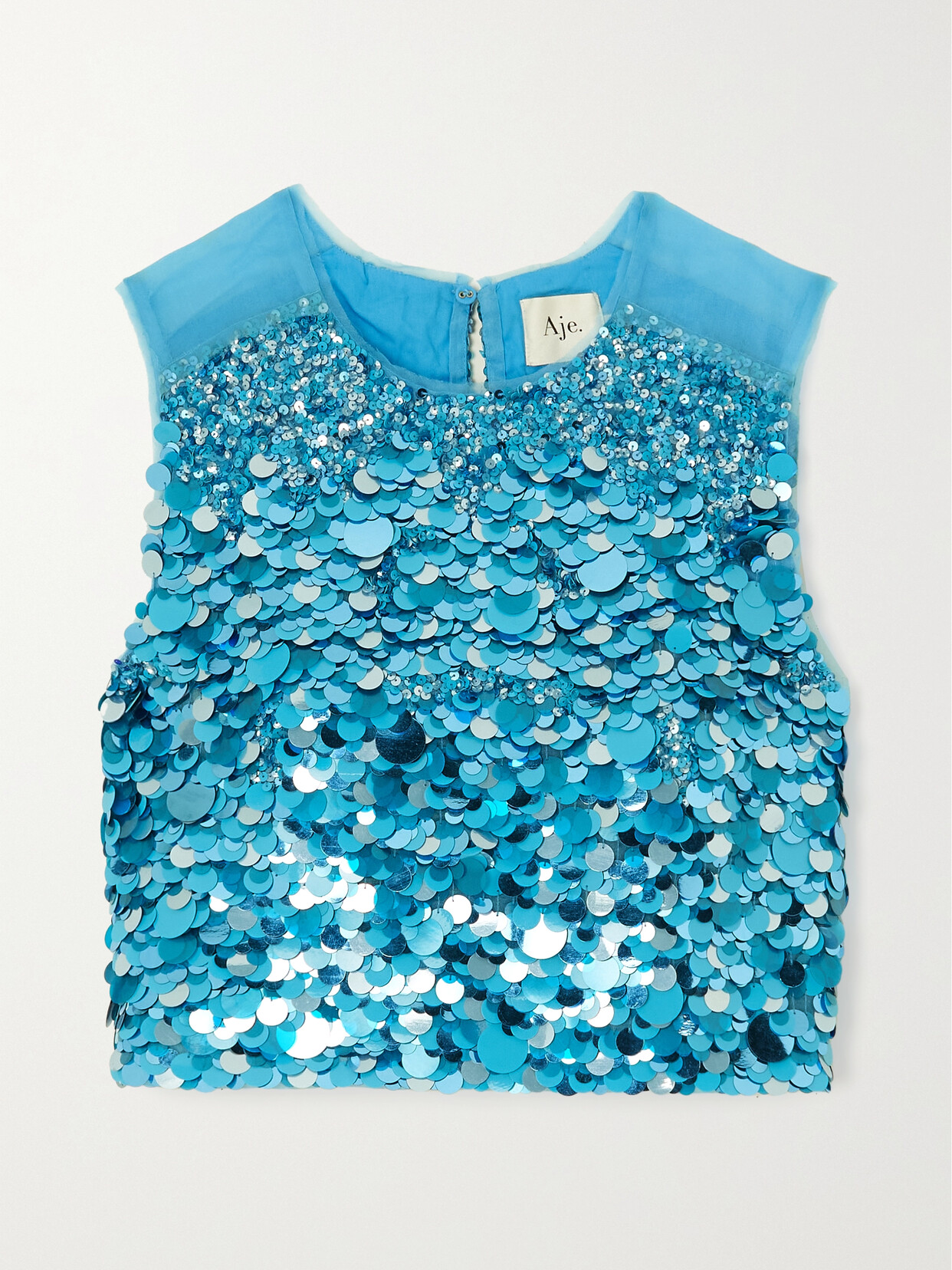 Aje Celeste Cropped Sequined Mesh Top In Blue