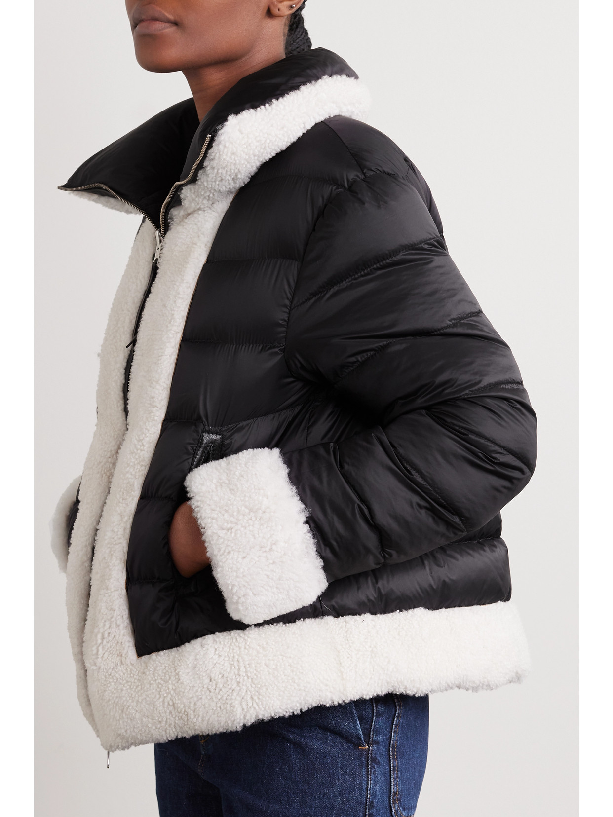 Utzon Jo Convertible Shearling And Leather-trimmed Quilted Shell Down Jacket In Black
