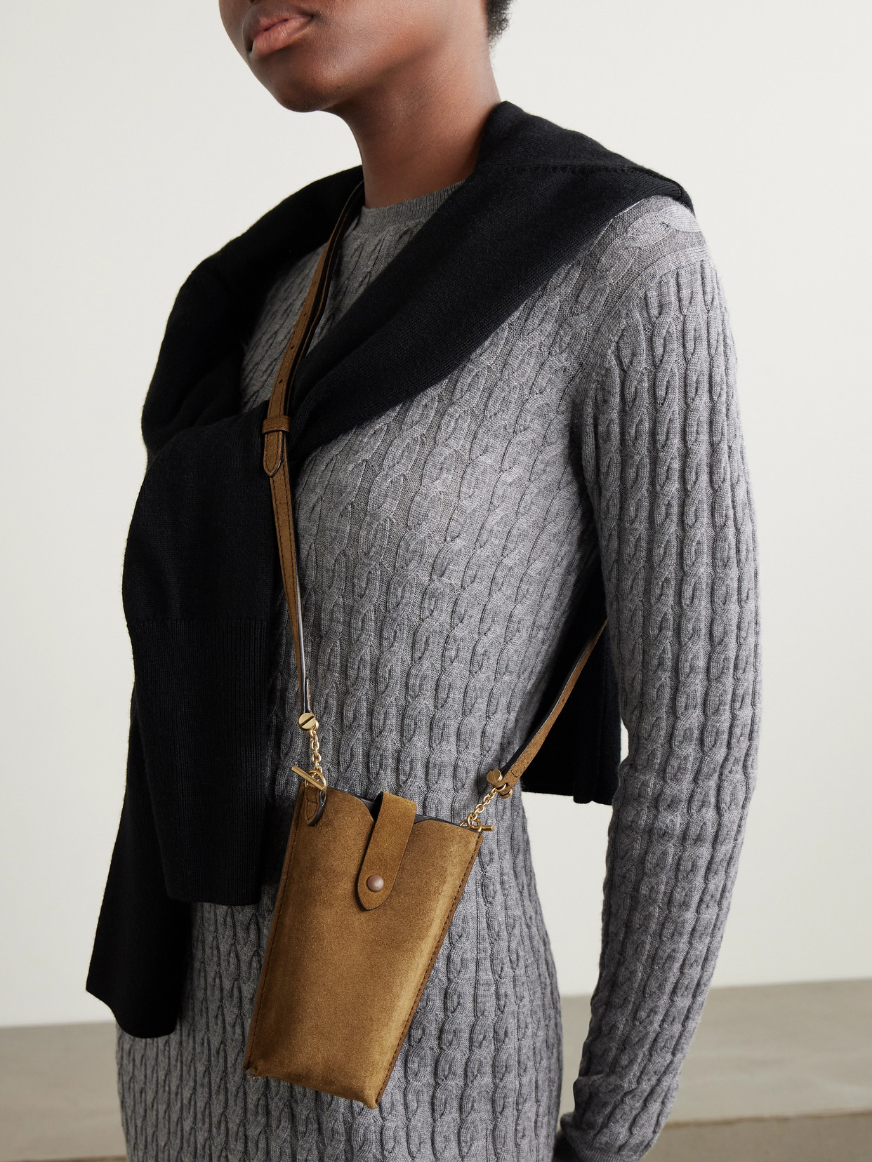 Metier Minimalist Double Suede Shoulder Bag In Brown