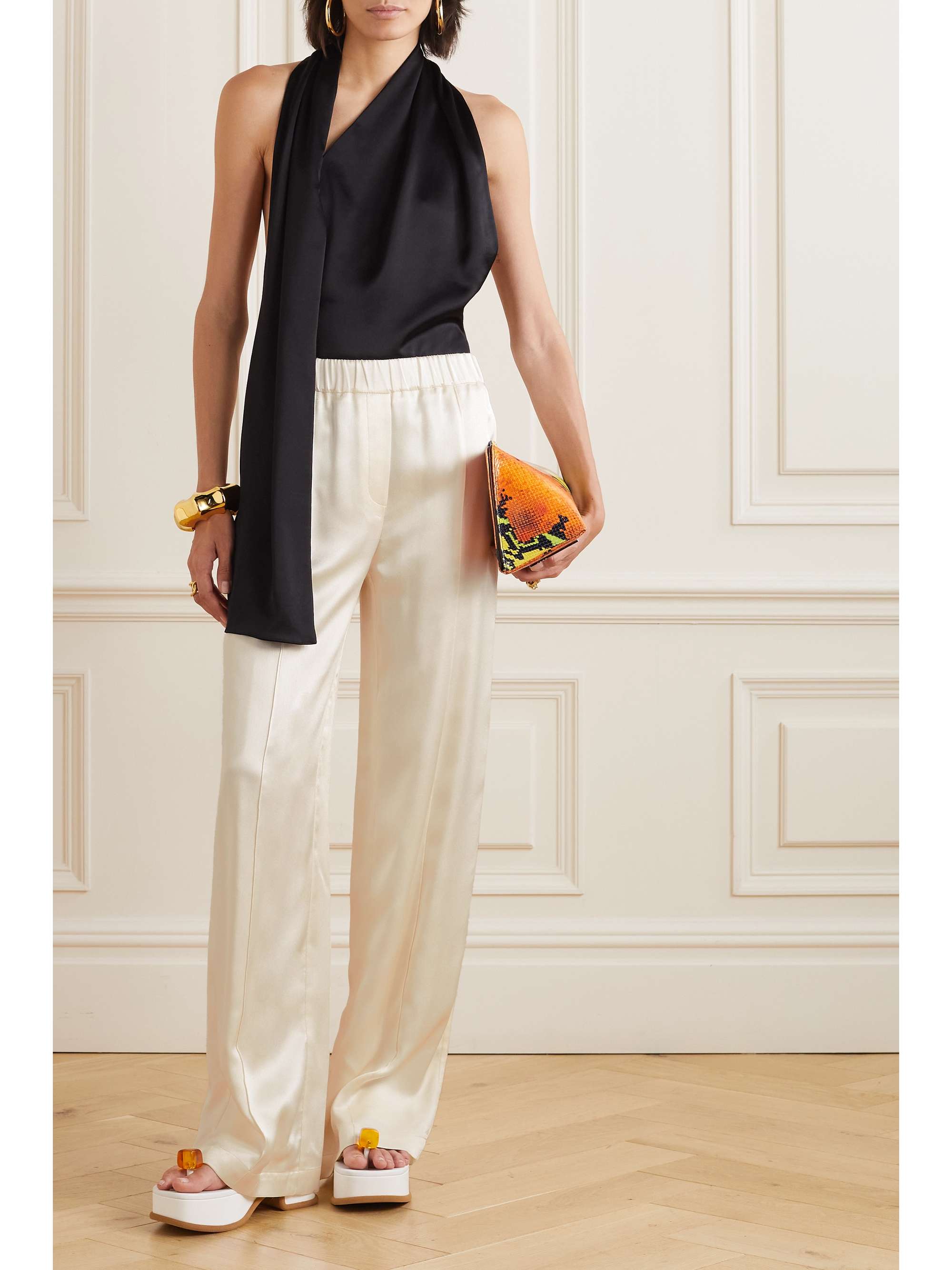 Pleated silk-satin straight-leg pants